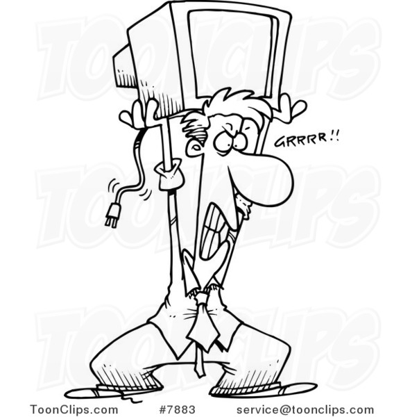 Cartoon Black and White Line Drawing of a Frustrated Business Man Throwing a Computer Monitor