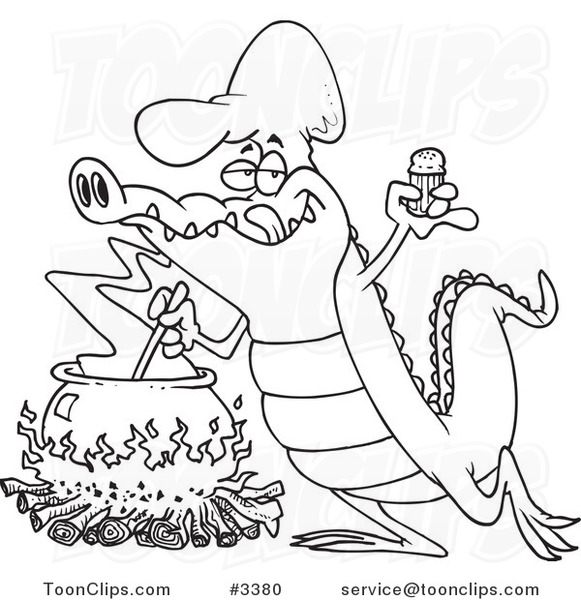 Cartoon Black and White Line Drawing of a Gator Making Soup