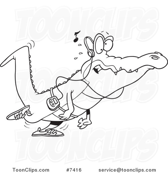 Cartoon Black and White Line Drawing of a Gator Walking and Listening to Music
