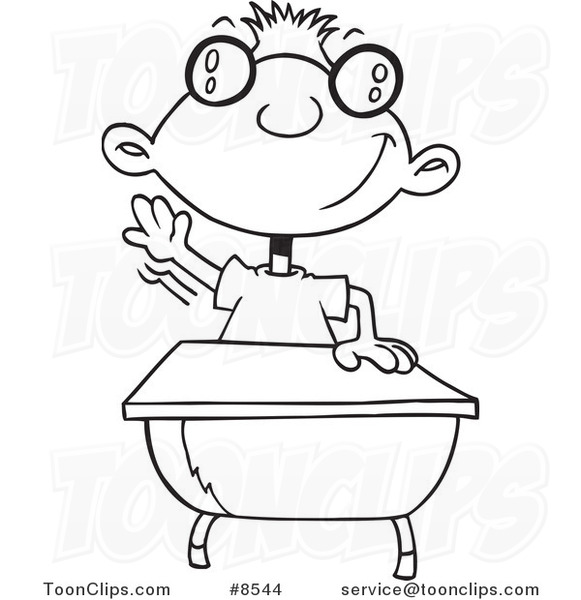 Cartoon Black and White Line Drawing of a Geeky School Boy Raising His Hand