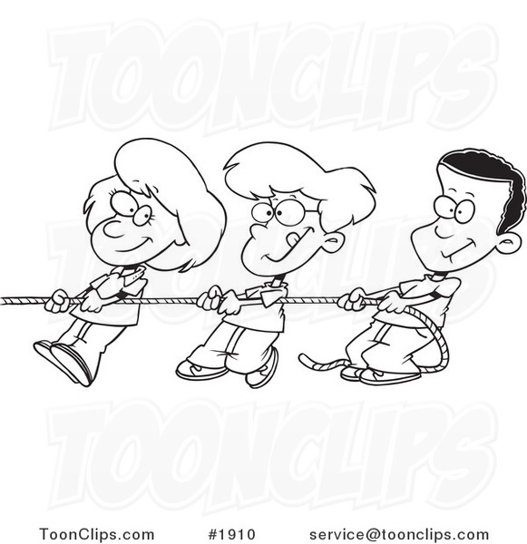 Cartoon Black and White Line Drawing of a Girl and Boys Pulling a