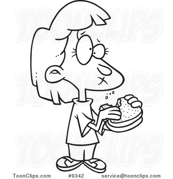 Cartoon Black and White Line Drawing of a Girl Eating a Sandwich #9342 by  Ron Leishman