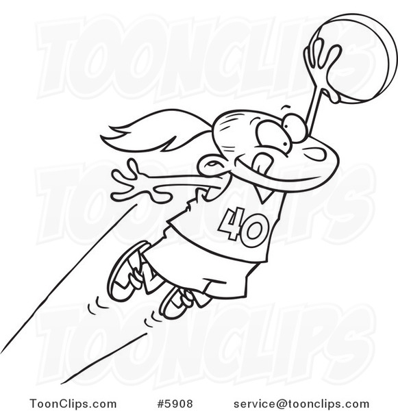 Cartoon Black and White Line Drawing of a Girl Leaping with a Basketball