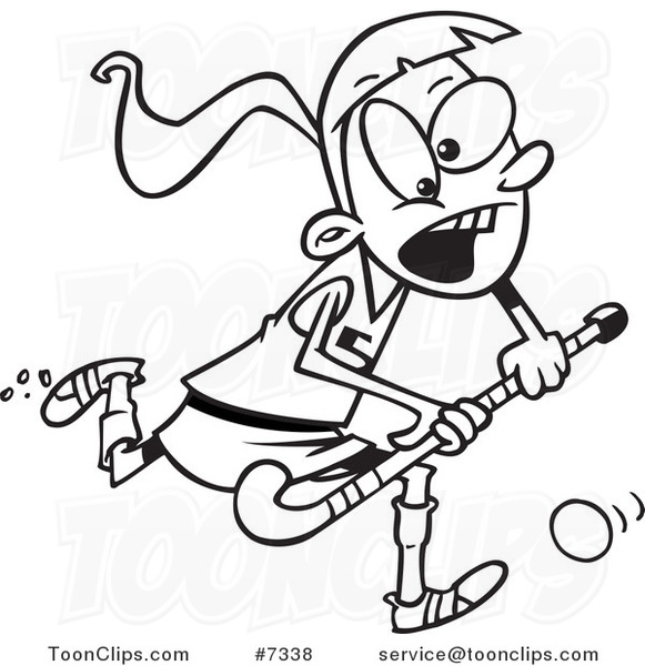 Cartoon Black and White Line Drawing of a Girl Playing Field Hockey
