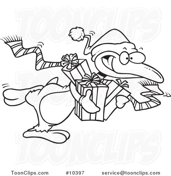Cartoon Black and White Line Drawing of a Giving Christmas Penguin