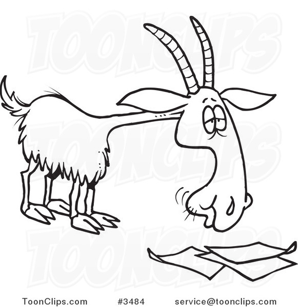Cartoon Black and White Line Drawing of a Goat Eating Paperwork #3484 by  Ron Leishman