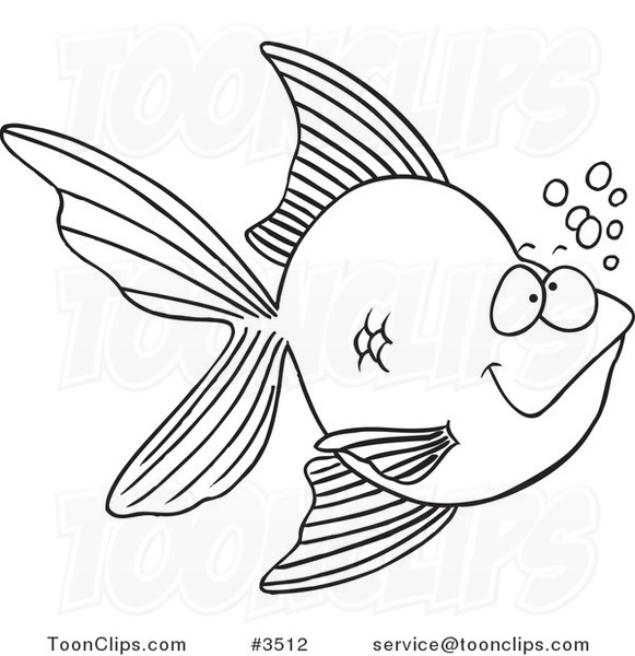 Cartoon Black and White Line Drawing of a Goldfish with Bubbles