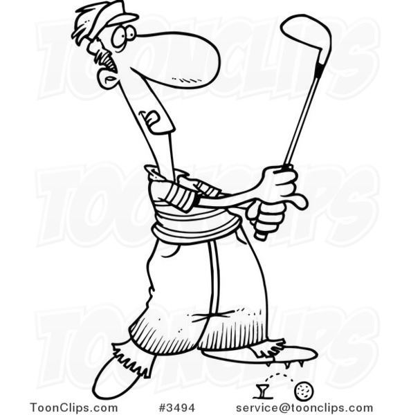 Cartoon Black and White Line Drawing of a Golfer Barely Knocking the Ball  off the Tee #3494 by Ron Leishman