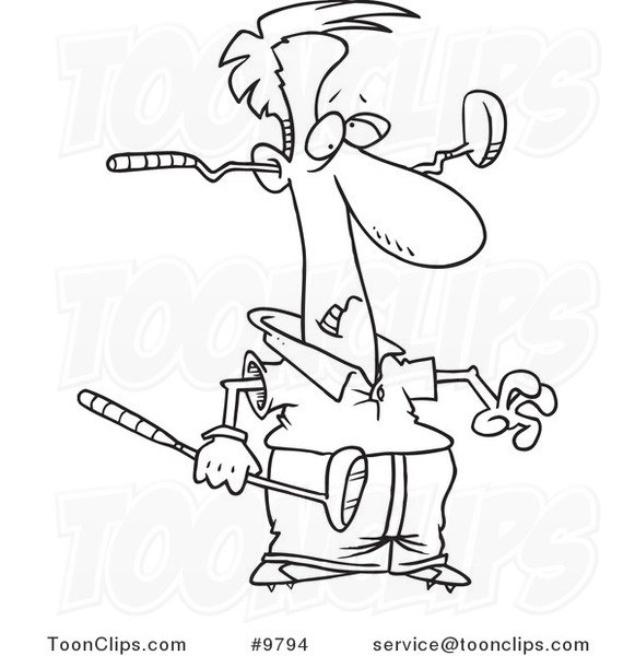 Cartoon Black and White Line Drawing of a Golfer with a Club Through His Head