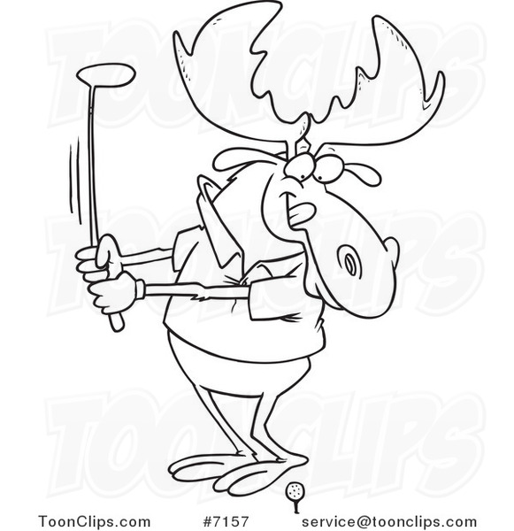 Cartoon Black and White Line Drawing of a Golfing Moose
