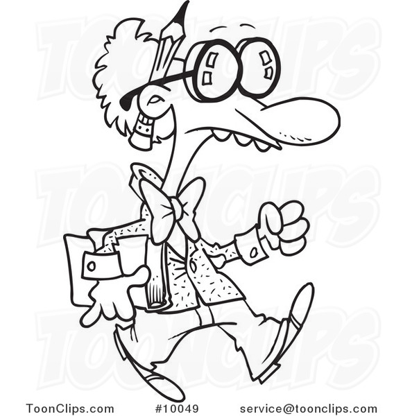 Cartoon Black and White Line Drawing of a Goofy Professor