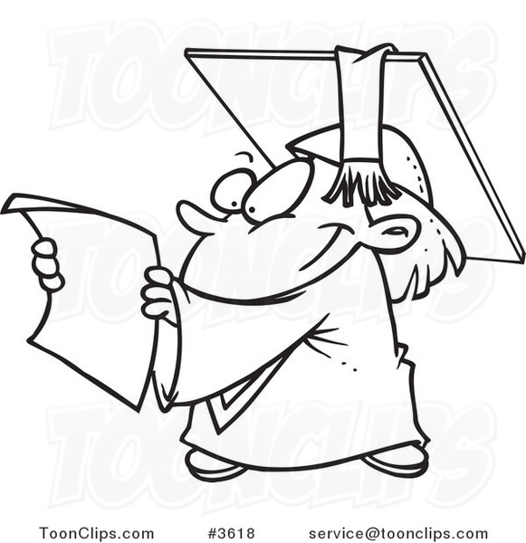 Cartoon Black and White Line Drawing of a Graduate Kid Reading a Certificate