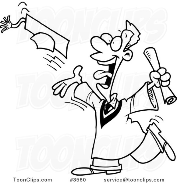 Cartoon Black and White Line Drawing of a Graduate Tossing His Cap