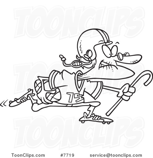 Cartoon Black and White Line Drawing of a Granny Football Player