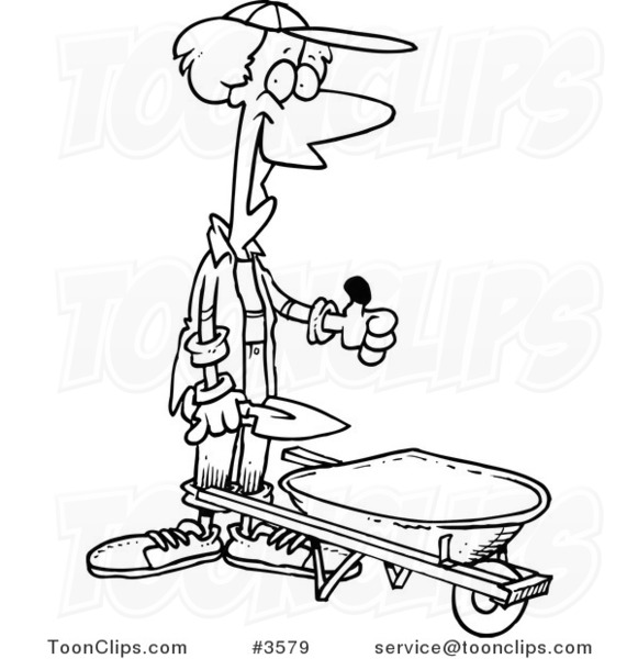 Cartoon Black and White Line Drawing of a Green Thumb Gardener with a Wheel Barrow
