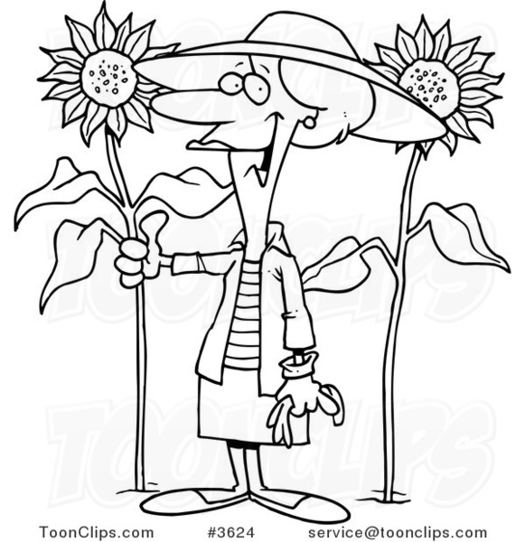 Cartoon Black and White Line Drawing of a Green Thumb Lady in Her Sunflower  Gardener #3624 by Ron Leishman