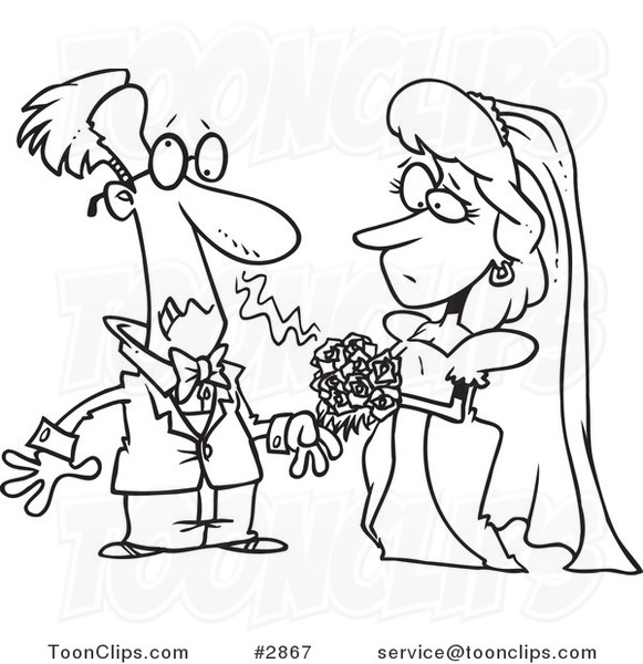 Cartoon Black and White Line Drawing of a Groom Allergic to His Bride's Bouquet