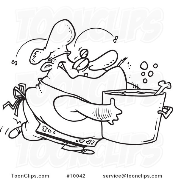 Cartoon Black and White Line Drawing of a Gross Chef