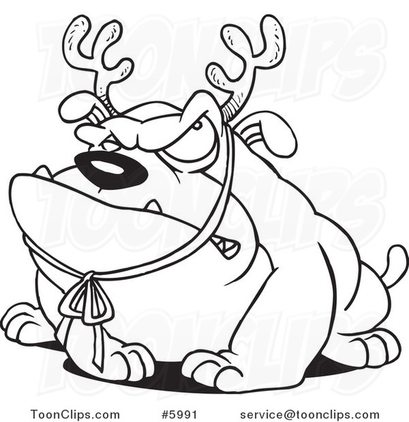 Cartoon Black and White Line Drawing of a Grouchy Bulldog Wearing Antlers