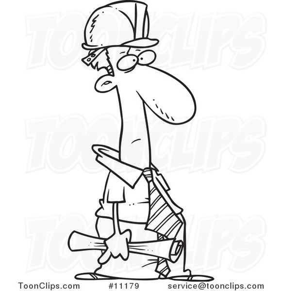 Cartoon Black and White Line Drawing of a Grouchy Engineer #11179 by Ron  Leishman