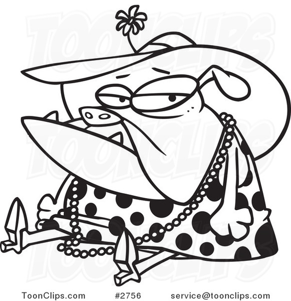 Cartoon Black and White Line Drawing of a Grumpy Bulldog Dressed in Lady Clothes