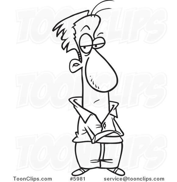 Cartoon Black and White Line Drawing of a Grumpy Guy with Folded Arms ...