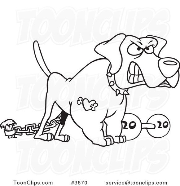 Cartoon Black and White Line Drawing of a Guard Dog with a Dumbbell