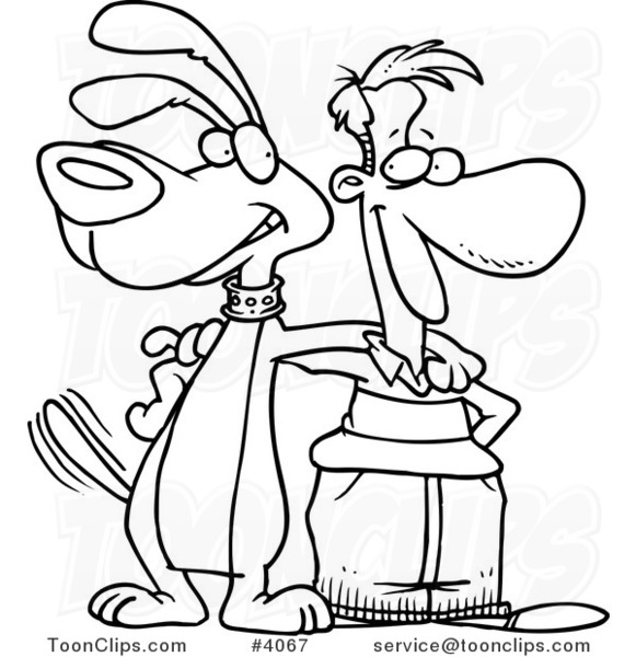 Cartoon Black and White Line Drawing of a Guy and Dog Standing Together
