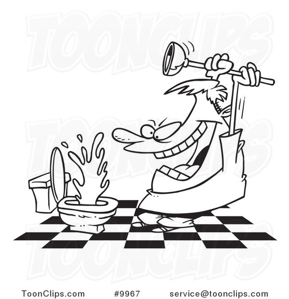 Cartoon Black and White Line Drawing of a Guy Attacking a Toilet with a Plunger