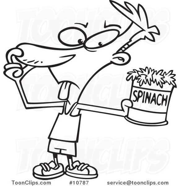 Cartoon Black and White Line Drawing of a Guy Avoiding Spinach