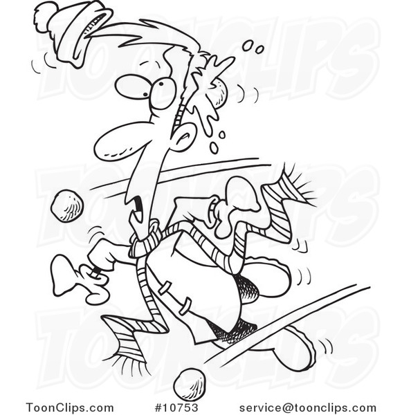 Cartoon Black and White Line Drawing of a Guy Being Hit with Snowballs