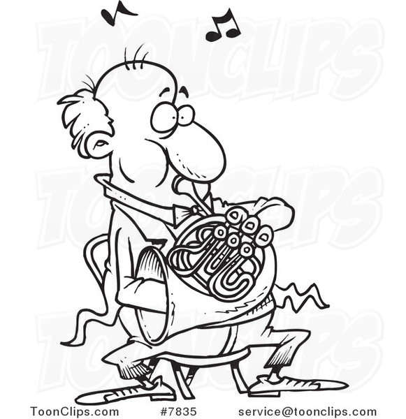 Cartoon Black and White Line Drawing of a Guy Blowing into a French Horn
