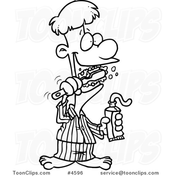 Cartoon Black and White Line Drawing of a Guy Brushing His Teeth #4596 by  Ron Leishman