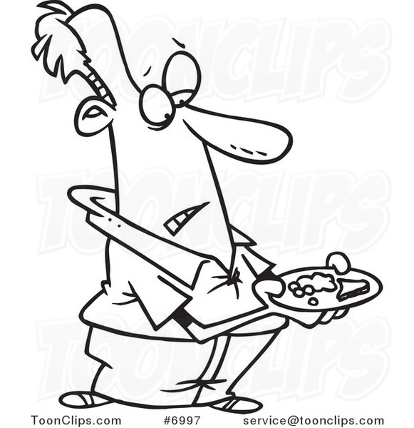 Cartoon Black and White Line Drawing of a Guy Carrying a Meager Dinner Plate