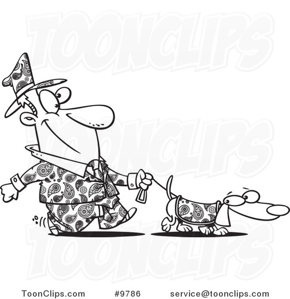 Cartoon Black and White Line Drawing of a Guy Dressed in Paisley, Walking His Wiener Dog