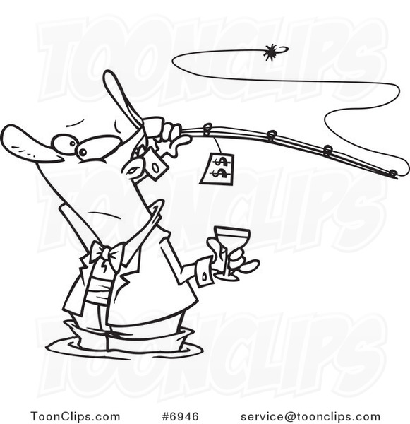 Cartoon Black and White Line Drawing of a Guy Fancy Fishing with Wine