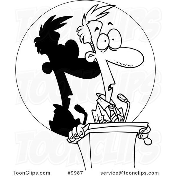 Cartoon Black and White Line Drawing of a Guy Frozen in the Spotlight at a Podium