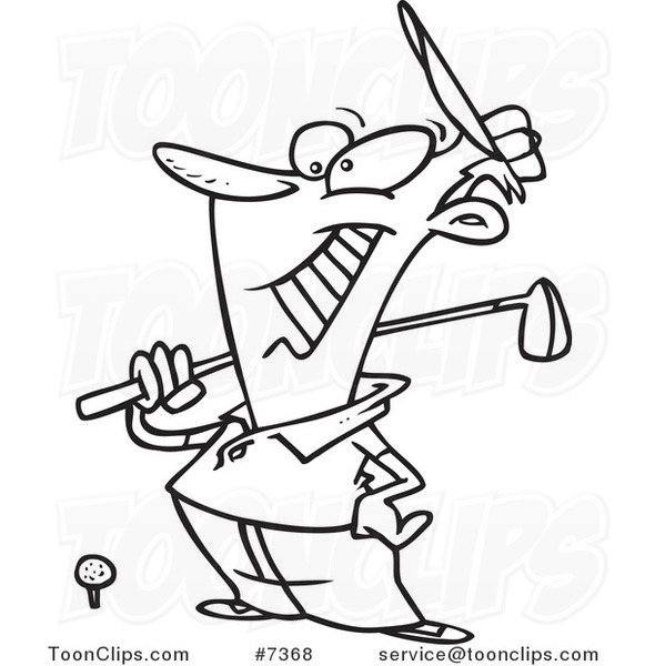 Cartoon Black and White Line Drawing of a Guy Grinning at the Golf Course
