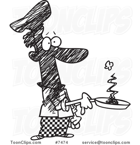 Cartoon Black and White Line Drawing of a Guy Holding a Smoking Frying Pan