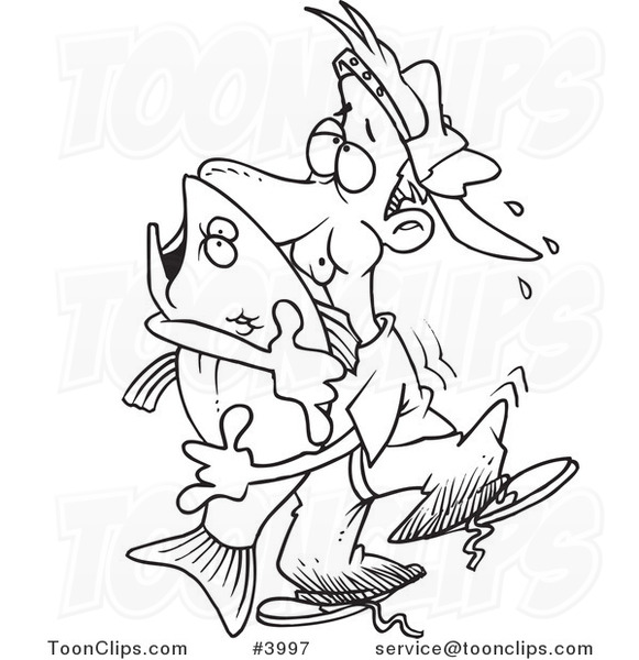 Cartoon Black and White Line Drawing of a Guy Hugging a Bass Fish