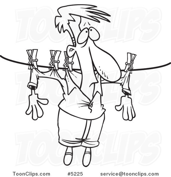 Cartoon Black and White Line Drawing of a Guy Hung out to Dry on a Clothes  Line #5225 by Ron Leishman