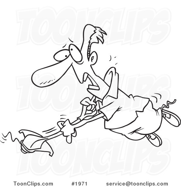 Cartoon Black and White Line Drawing of a Guy Losing Control of a Weed Wacker