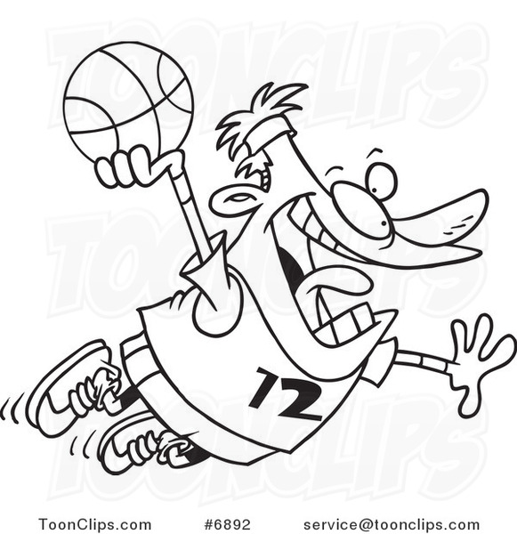 Cartoon Black and White Line Drawing of a Guy Making a Slam Dunk