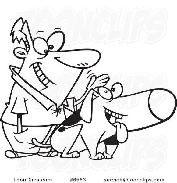 Cartoon Black and White Line Drawing of a Guy Patting His Dog