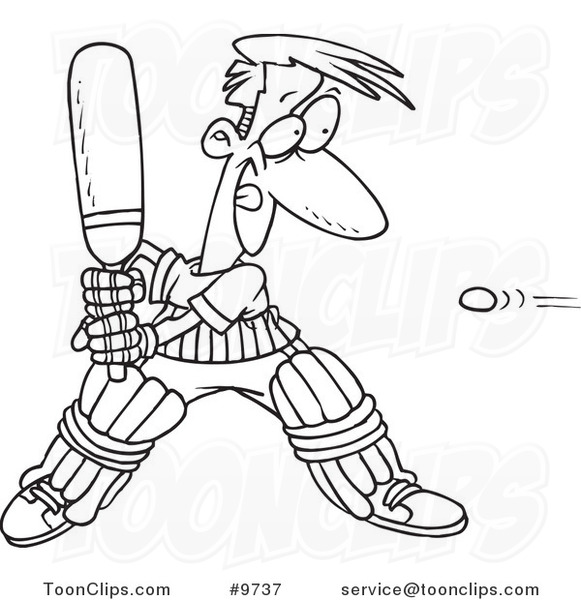 Cartoon Black and White Line Drawing of a Guy Playing Cricket