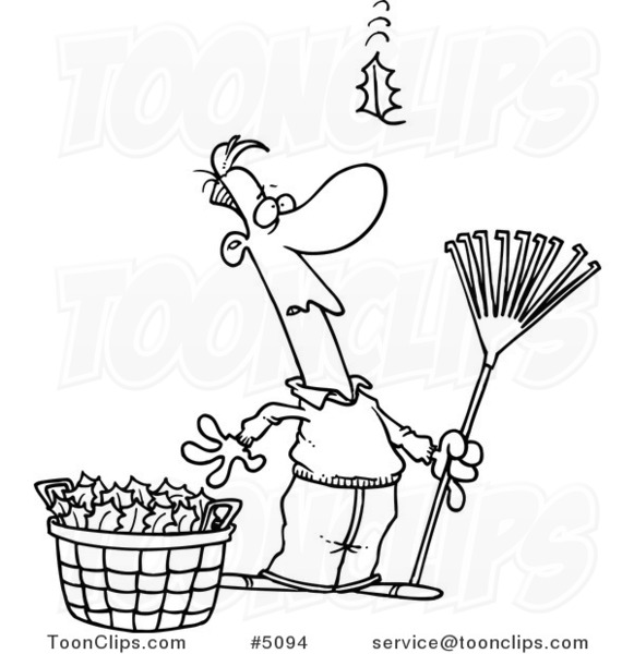 Cartoon Black and White Line Drawing of a Guy Raking Leaves, Watching yet Another Fall