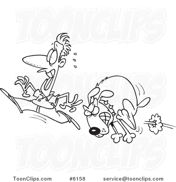 Cartoon Black and White Line Drawing of a Guy Running from a Mad Dog