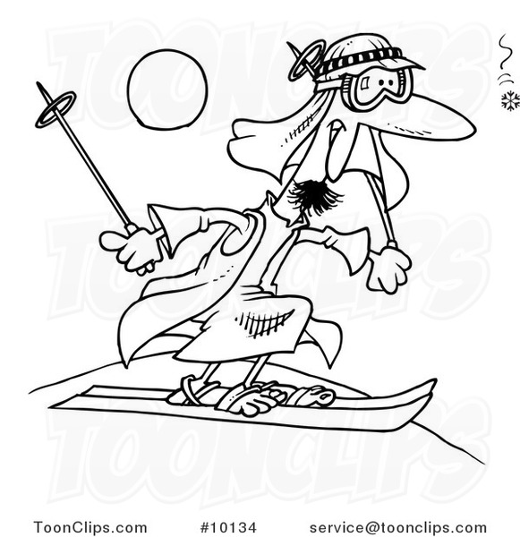 Cartoon Black and White Line Drawing of a Guy Sand Skiing