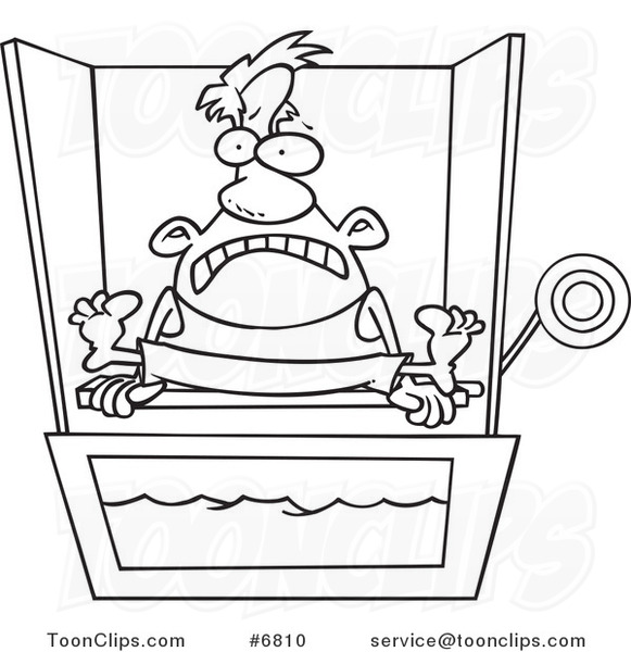 Cartoon Black and White Line Drawing of a Guy Sitting on a Dunk Tank #6810  by Ron Leishman