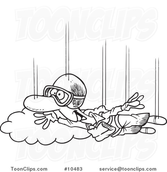 Cartoon Black and White Line Drawing of a Guy Skydiving